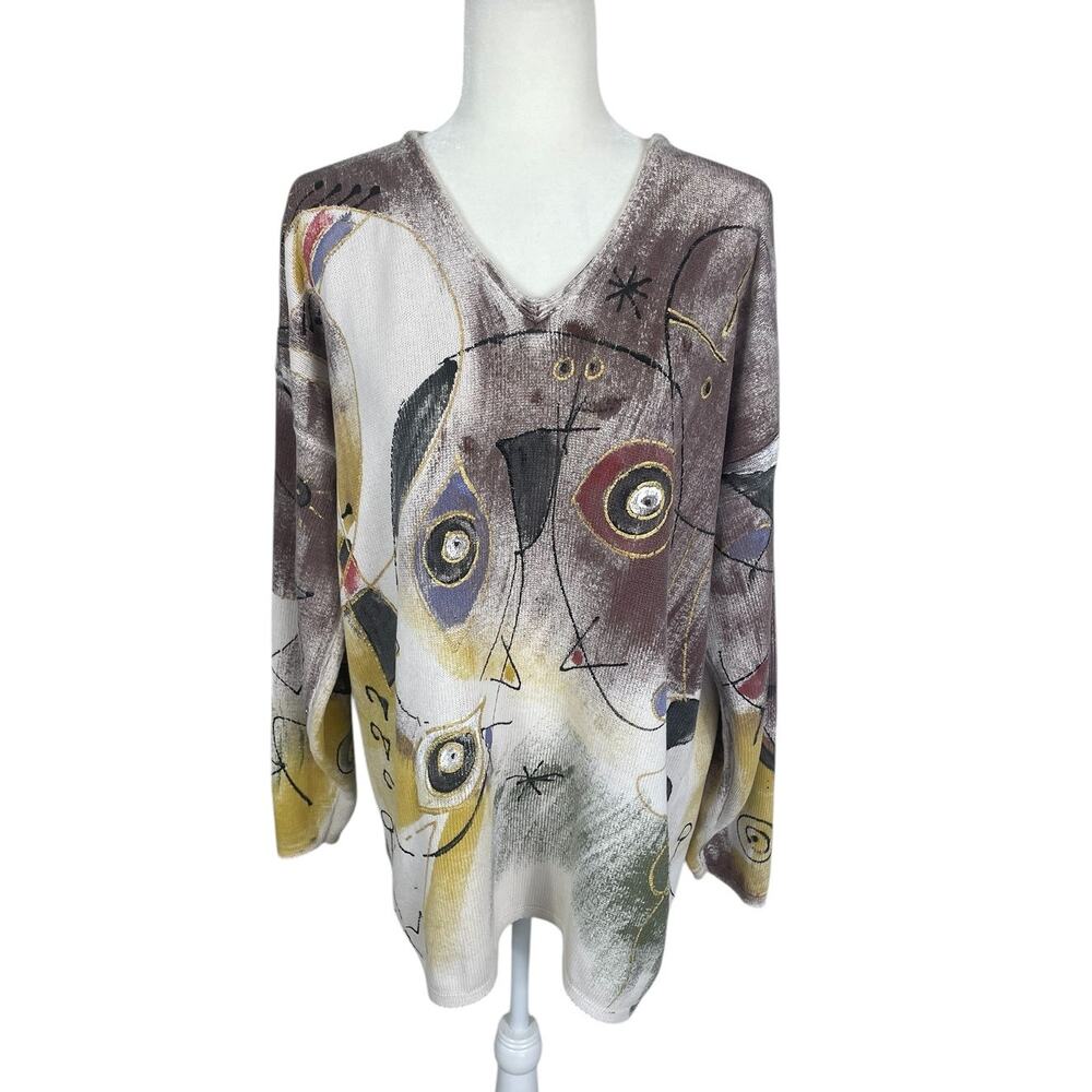 Vintage Kolorway Cotton Hand Painted Sweater Neutral Women's Size 2 Art To Wear